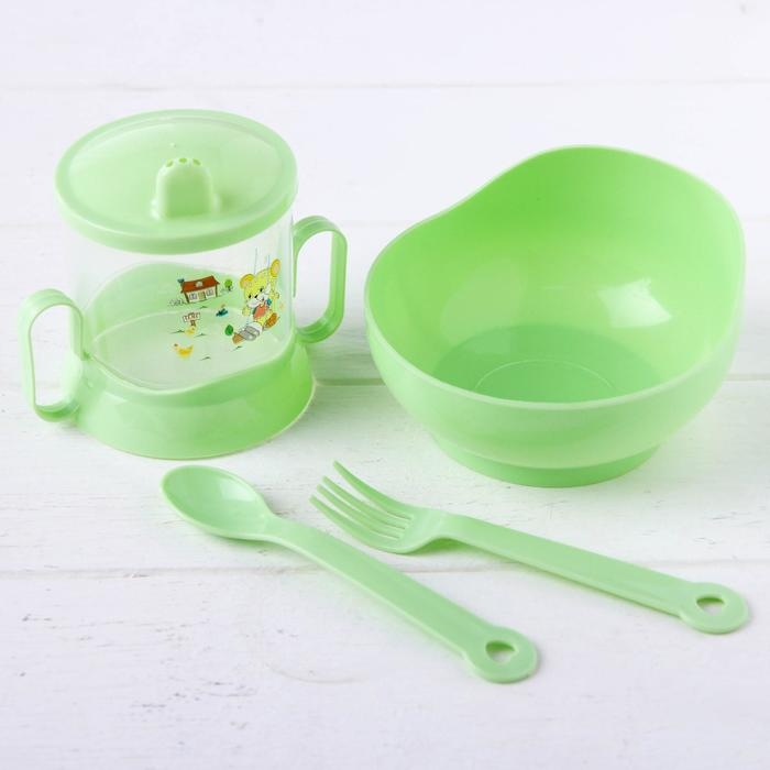 Набор детской посуды, 4 предмета: миска, ложка, вилка, поильник с твёрдым носиком 200 мл, цвета МИКС Набор детской посуды, 4 предмета: миска, ложка, вилка, поильник с твёрдым носиком 200 мл, цвета МИКС