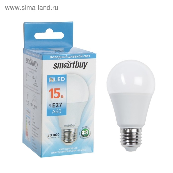 Лампа светодиодная Smartbuy, Е27, А60, 15 Вт, 6000 К, холодный белый свет Лампа светодиодная Smartbuy, Е27, А60, 15 Вт, 6000 К, холодный белый свет