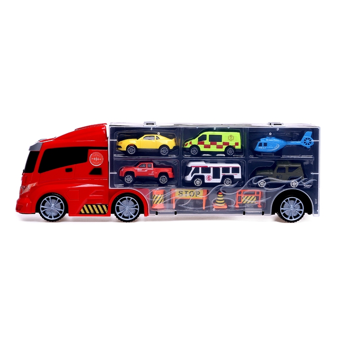 Грузовик &laquo;Перевозчик&raquo;, в наборе 5 машинок, 1 вертолёт, 4 дорожных знака