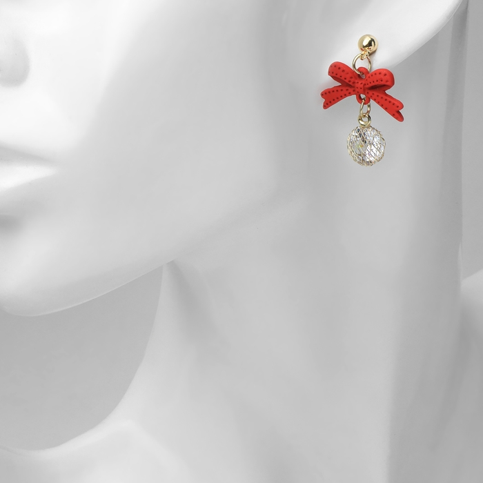 Новый год! Серьги «Новогодние» бантик, цвет бело-красный в золоте Новый год! Серьги «Новогодние» бантик, цвет бело-красный в золоте