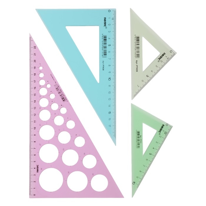 Набор треугольников 4 штуки, Calligrata катет 9/12/20/25 см, с окружностями, прозрачные, МИКС Набор треугольников 4 штуки, Calligrata катет 9/12/20/25 см, с окружностями, прозрачные, МИКС