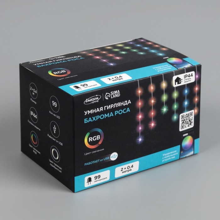 Умная гирлянда «Бахрома» 2 × 0.4 м роса, IP20, серебристая нить, 99 LED, пульт ДУ, приложение, свечение RGB, USB