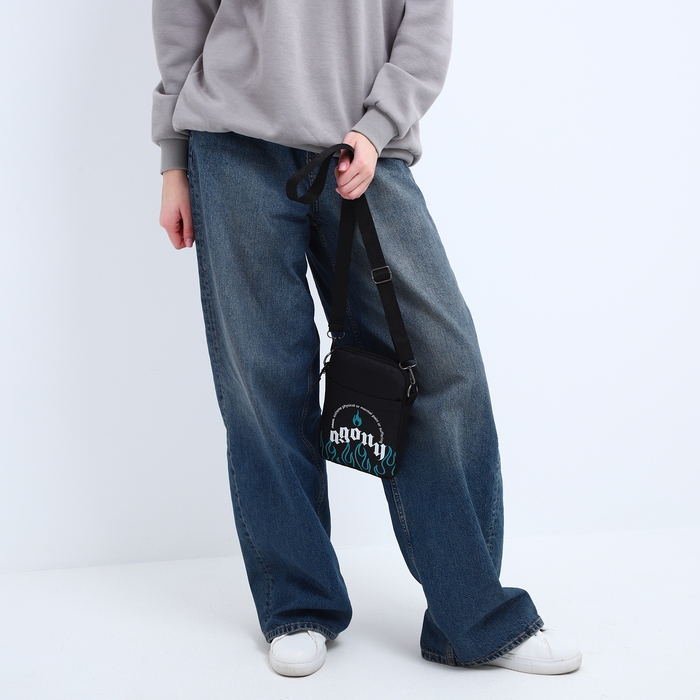 Сумка молодёжная на длинном ремне Agony, 20 х 15 х 3 см, отдел на молнии, цвет чёрный Сумка молодёжная на длинном ремне Agony, 20 х 15 х 3 см, отдел на молнии, цвет чёрный