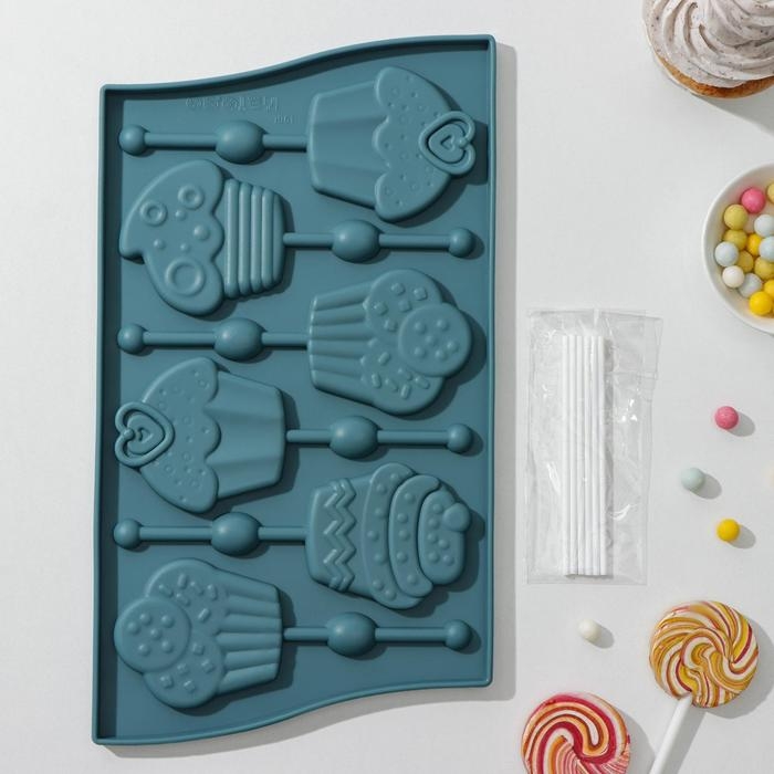 Форма для леденцов Доляна «Капкейк», силикон, 27,5×16,5 см, 6 ячеек (6×7 см), с палочками, цвет МИКС Форма для леденцов Доляна «Капкейк», силикон, 27,5×16,5 см, 6 ячеек (6×7 см), с палочками, цвет МИКС