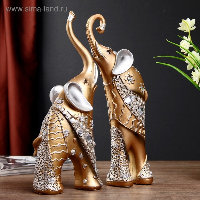Сувенир полистоун Сувенир полистоун "Золотистые слоны с белыми стразами" набор 2 шт 28,5х21х8,3 см