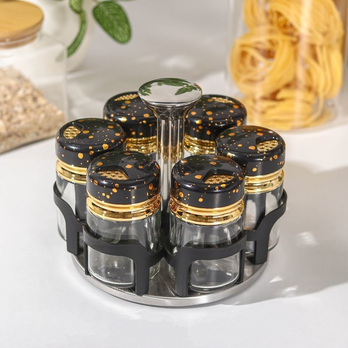 Набор для специй из стекла на подставке Magistro «Чёрный мрамор», 6 шт, цвет чёрный Набор для специй из стекла на подставке Magistro «Чёрный мрамор», 6 шт, цвет чёрный