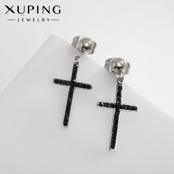 Серьги со стразами XUPING крест изящество, цвет чёрный в серебре Серьги со стразами XUPING крест изящество, цвет чёрный в серебре