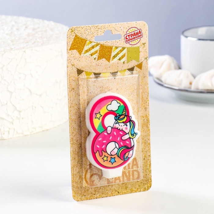 Свеча в торт  Свеча в торт "Единорог с шариком", цифра 8, розовый, 6,5 см