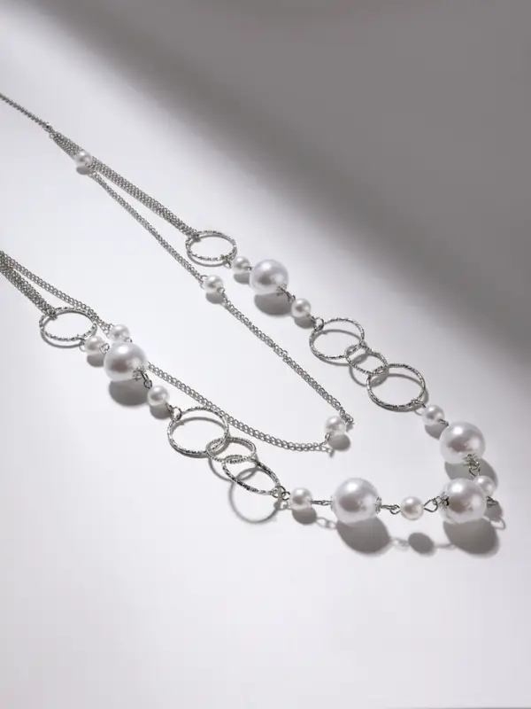 Бусы &laquo;Жемчужный мир&raquo;, кольца с бусинами, белые в серебре, 90 см