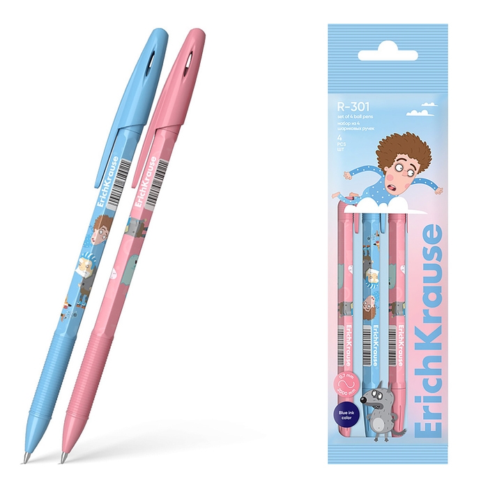 Набор ручек шариковых 4 штуки ErichKrause R-301 Stick & Grip Набор ручек шариковых 4 штуки ErichKrause R-301 Stick & Grip "Приключения Пети и Волка", узел 0.7 мм, синие, с резиновым держателем, европодвес