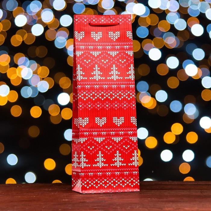 Пакет подарочный новогодний под бутылку, упаковка подарочный Пакет подарочный новогодний под бутылку, упаковка подарочный "Новогодние узоры ", 12 х 36 х 8,5см.