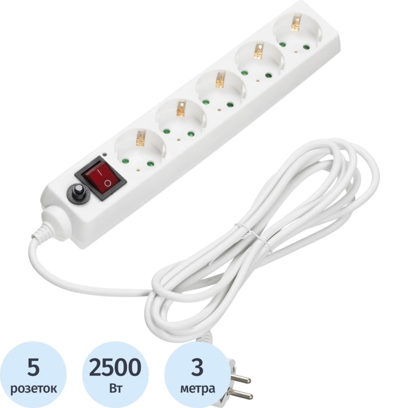 Сетевой фильтр BigTech CD5-3W75 (5р/3м/10А/2500Вт 0,75мм белый)