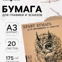 Крафт-бумага для рисования, графики и эскизов А3, 20 листов (300&times;420 мм), 175 г/м&sup2;, в крафт папке, коричневая/серая