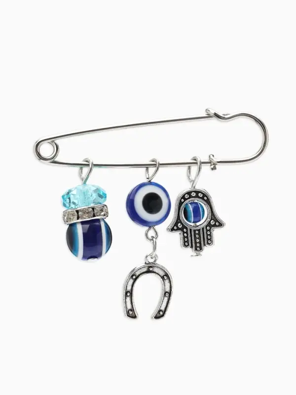 Булавка-оберег 3 подвески &laquo;Рука Хамса&raquo; с подковой, 5 см, синяя в серебре