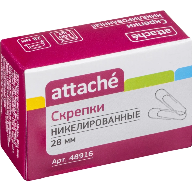 Скрепки Attache никелированные, 28 мм, негофрированные, 100 шт/уп