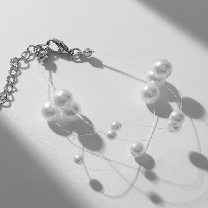 Браслет жемчуг «На леске», 3 нити, бусины №4, 6, 8, цвет белый в серебре, 16 см Браслет жемчуг «На леске», 3 нити, бусины №4, 6, 8, цвет белый в серебре, 16 см