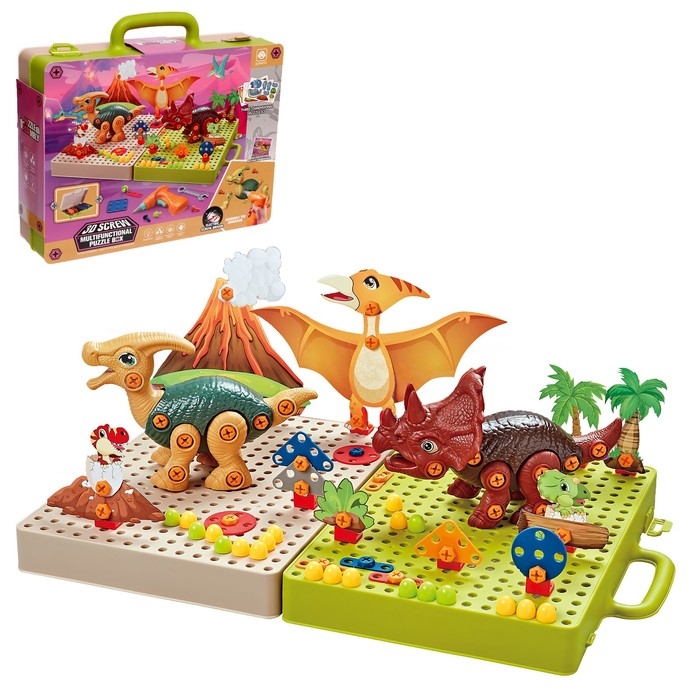 Конструктор винтовая мозаика «Диномир», с электрическим шуруповёртом, 216 деталей Конструктор винтовая мозаика «Диномир», с электрическим шуруповёртом, 216 деталей