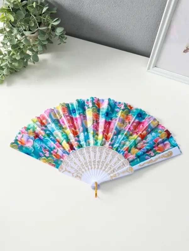 Веер пластик, текстиль Веер пластик, текстиль "Россыпь цветов" МИКС широкие лопасти 23 см