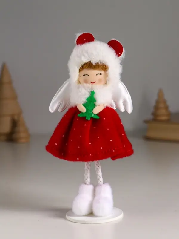 Кукла интерьерная "Ангелочек в красном платье, с ёлочкой в руках" 8х5,5х16 см
