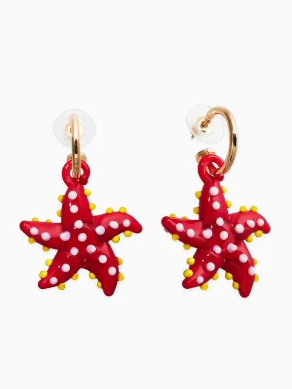 Серьги из стекла "Море", звезда, цвет красный в золоте