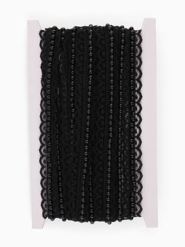 Рюш кружевной, с бусинами, 17 мм, 4.5&plusmn;0.5 м, чёрный