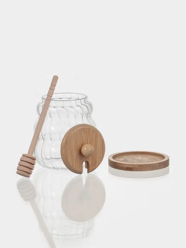 Баночка для мёда и варенья &laquo;Эко. Рельеф&raquo;, 9&times;12.5 см, с бамбуковой крышкой и ложной, на подставке, стекло, прозрачная