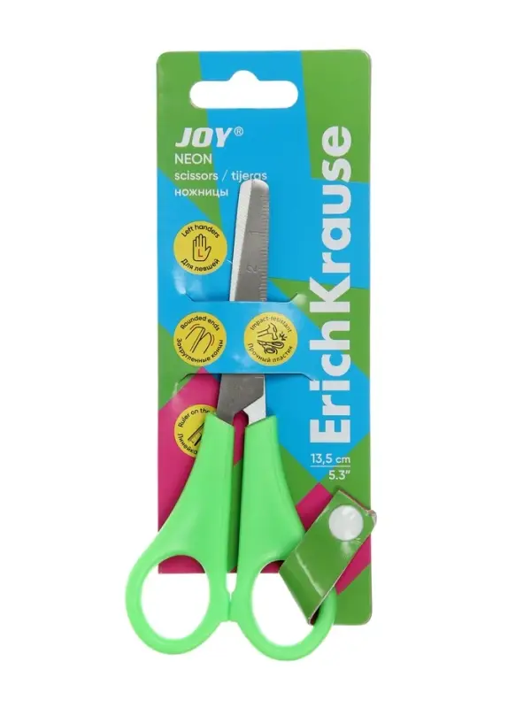 Ножницы детские для левшей 13.5 см, ErichKrause Joy Left Hand, с закруглёнными концами лезвий и линейкой, МИКС