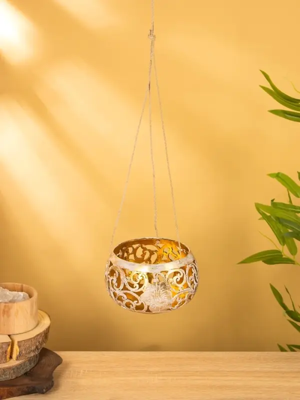 Подсвечник подвесной из кокоса, 14×14×10 см, золотисто-белый