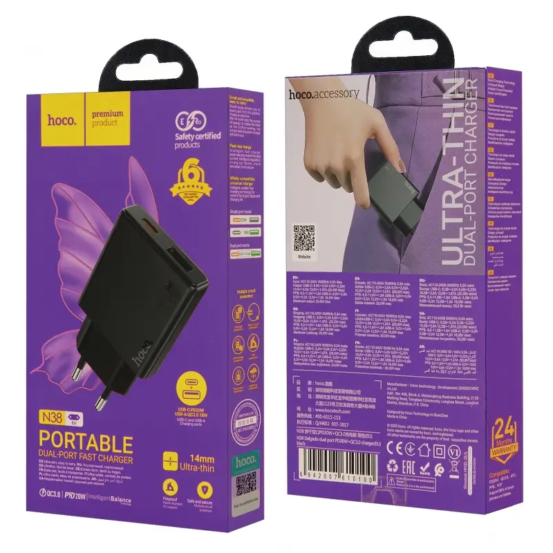 Переходник N38 СЗУ на USB QC3.0 + Type-C PD20W HOCO черный Переходник N38 СЗУ на USB QC3.0 + Type-C PD20W HOCO черный