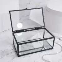Стеклянная шкатулка для украшений с крышкой, зеркальным основанием, 14.5&times;8.5 см, прозрачная, чёрный каркас