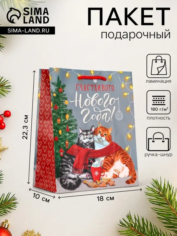 Пакет подарочный новогодний ламинированный &laquo;Счастливого нового года&raquo;, 18&times;10&times;22.3 см