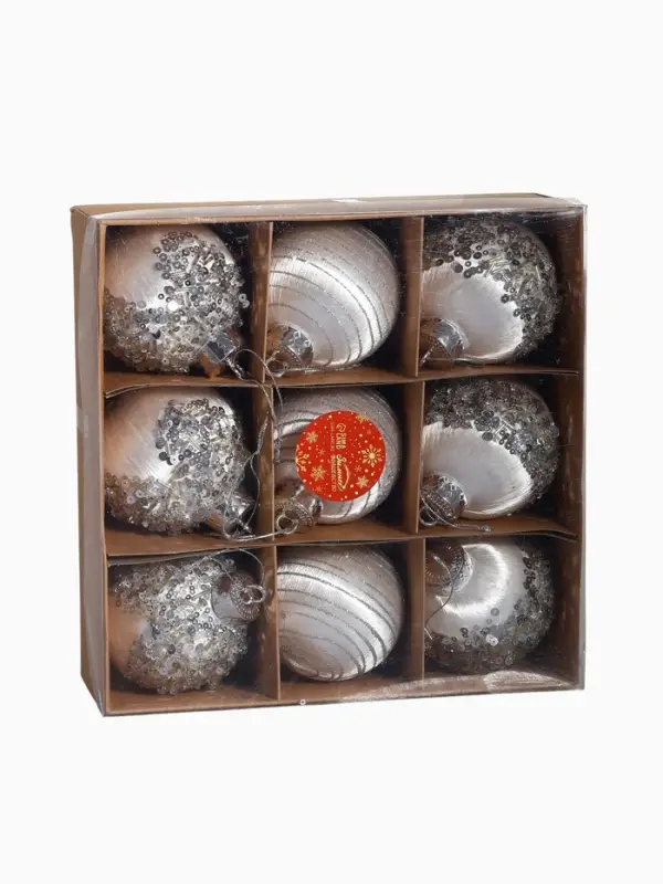 Набор шаров пластик d-8 см, 9 шт Набор шаров пластик d-8 см, 9 шт "Оллин" нежность, серебро