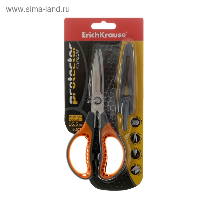 Ножницы 16,5 см, ErichKrause Protector, усиленные, с чехлом, серо-оранжевые Ножницы 16,5 см, ErichKrause Protector, усиленные, с чехлом, серо-оранжевые