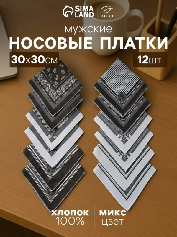 Платки носовые мужские &laquo;Этель&raquo;, 30&times;30 см, набор 12 шт., хлопок 100%, рисунок МИКС, чёрные