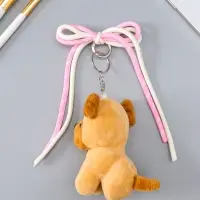 Брелок текстиль "Милый щенок с бело-розовым бантиком" коричневый 5х9,5х20 см