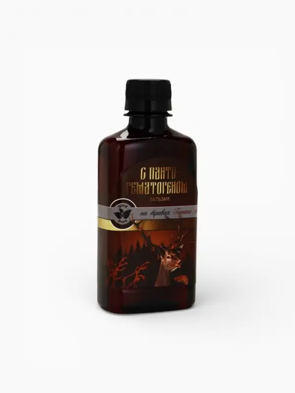 Бальзам безалкогольный &laquo;С пантогематогеном&raquo;: шиповник, рябина, красный корень, золотой корень, зверобой, аир, девясил, пантогематоген, в пластиковой бутылке, 250 мл.
