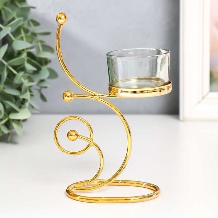 Подсвечник металл, стекло на 1 свечу Подсвечник металл, стекло на 1 свечу "Завитки. Шарики" d-4,5 см золото 10х5х15 см