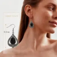Серьги висячие со стразами &laquo;Капля&raquo;, чёрные в чернёном серебре