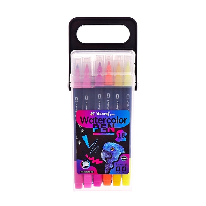 Набор маркеров 18 цветов, двусторонние, черный корпус  в пластиковом пенале Набор маркеров 18 цветов, двусторонние, черный корпус  в пластиковом пенале