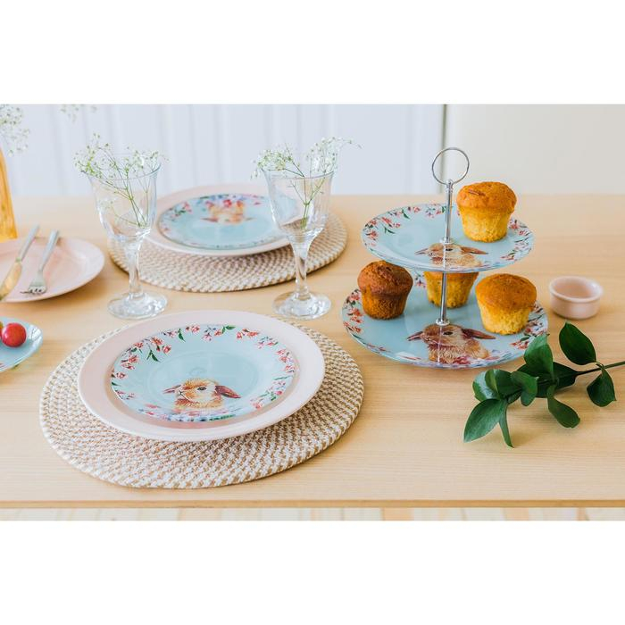 Фруктовница стеклянная 2-х ярусная круглая Доляна «Кролик», d=25/20 см, цвет голубой Фруктовница стеклянная 2-х ярусная круглая Доляна «Кролик», d=25/20 см, цвет голубой