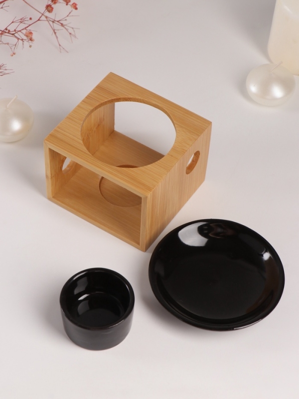 Аромалампа бамбук, керамика с подставкой под свечу "Строгие линии" чёрная 9,8х9,8х8 см