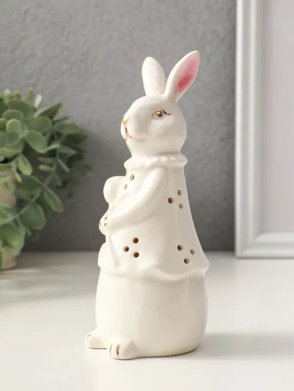 Сувенир керамика свет "Зайка с тюльпаном" белый 6х6х16 см