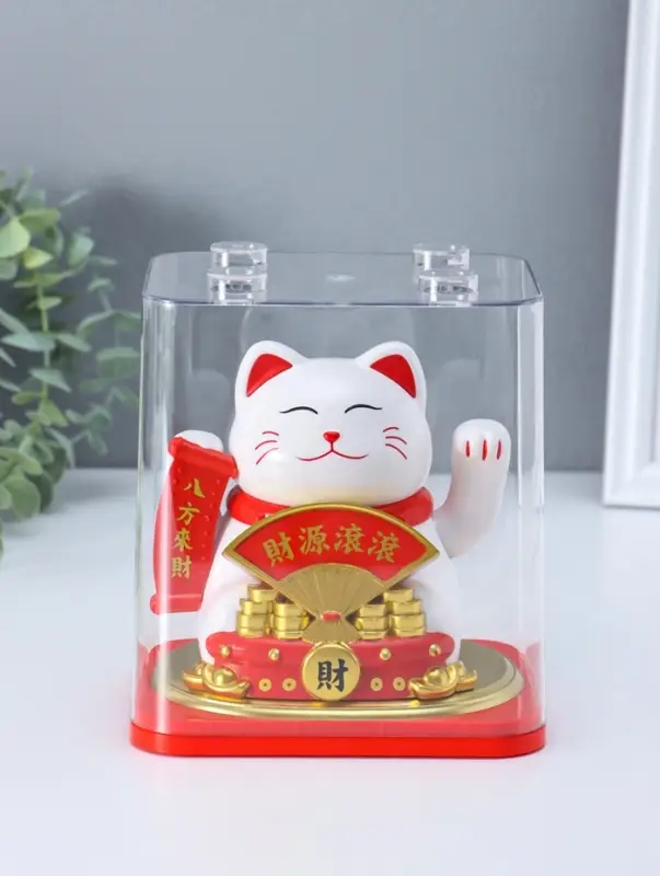 Маятник пластик от солнечной батареи "Белый кот Манэки-нэко с веером" 11,2х14,3х15,3 см