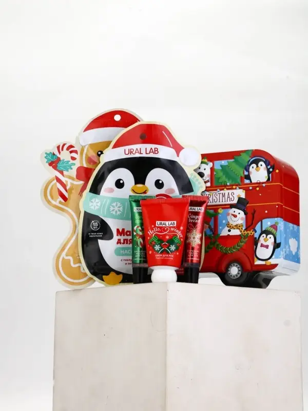 Новогодний подарочный набор косметики: маска для лица 2 шт, крем для рук и бальзам для губ, URAL LAB Новогодний подарочный набор косметики: маска для лица 2 шт, крем для рук и бальзам для губ, URAL LAB