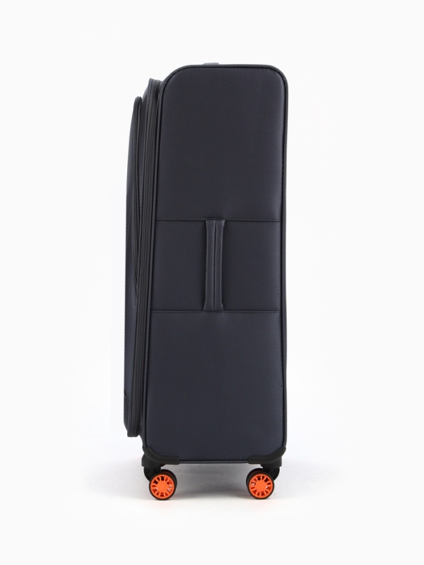 Чемодан 28 Чемодан 28", Текст, 47*31*78, отд на молнии, код замок, 4 колеса, т.серый