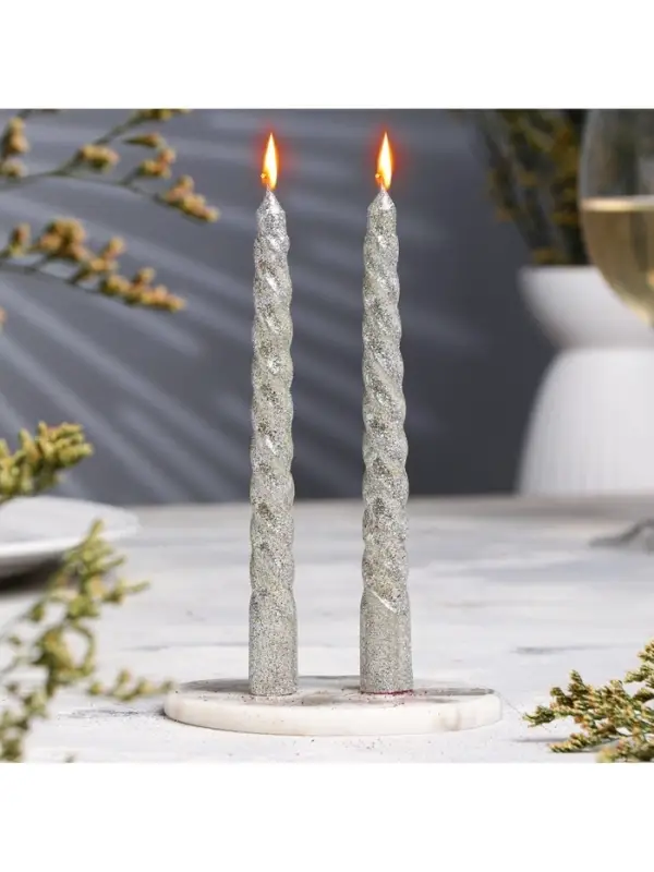 Набор свечей витых, 1.5&times;15 см, 2 шт., блестки, серебро