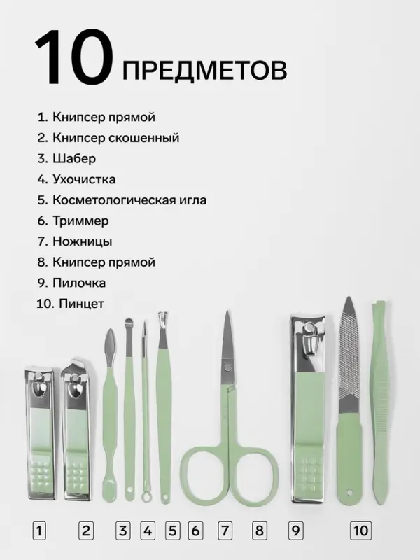 Набор маникюрный, 10 предметов, в футляре, бирюзовый