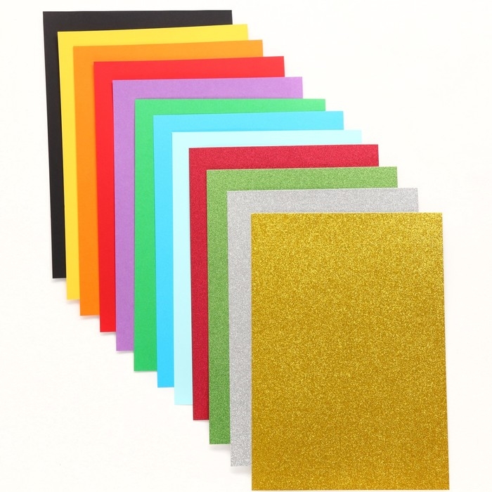 Картон цветной с блёстками, А4, 12 листов, 12 цветов, немелованный, двусторонний, в папке, 250 г/м², Смешарики Картон цветной с блёстками, А4, 12 листов, 12 цветов, немелованный, двусторонний, в папке, 250 г/м², Смешарики