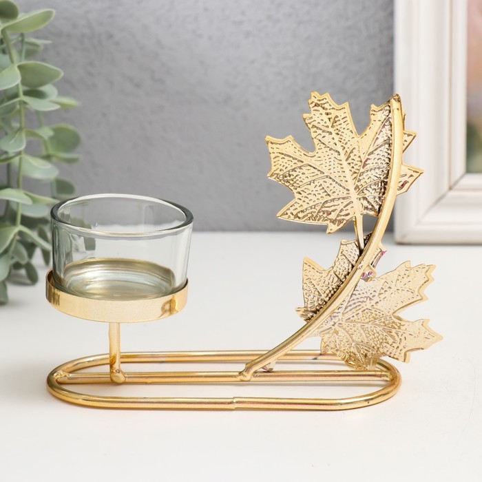 Подсвечник металл на 1 свечу  Подсвечник металл на 1 свечу "Кленовые листья" d=4,5 см золото 5,8х13х13 см
