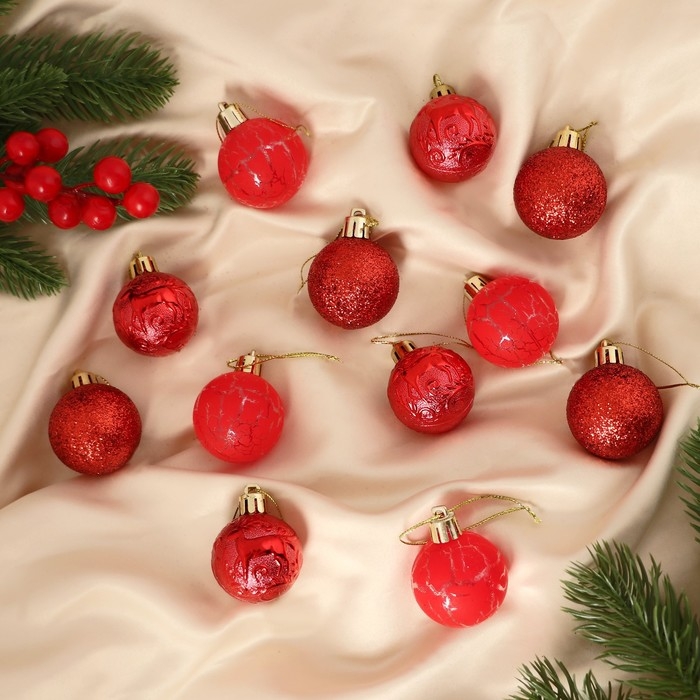 Набор шаров пластик d-4 см, 12 шт Набор шаров пластик d-4 см, 12 шт "Мелодия" узор треск, красный